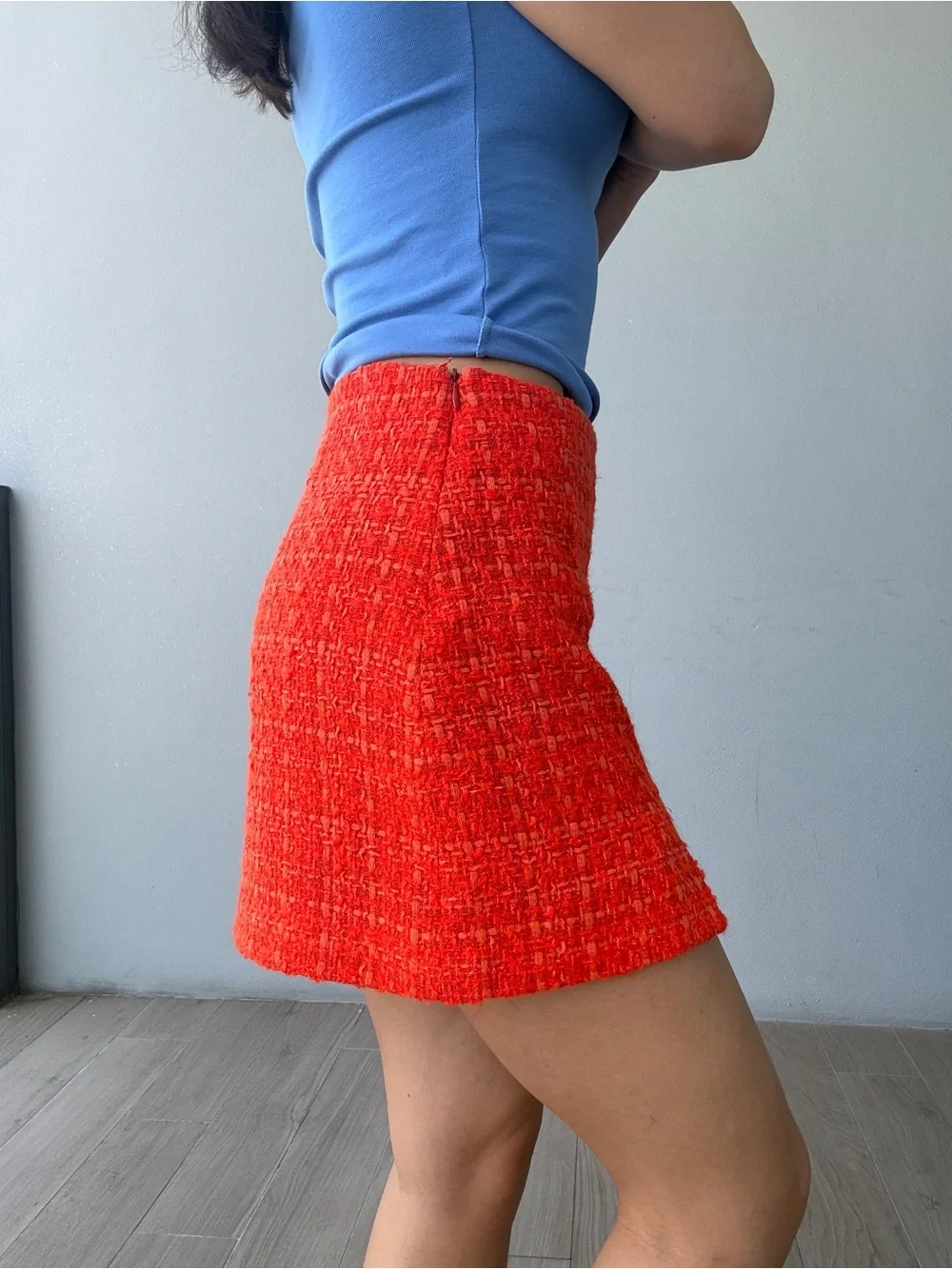 Red Bouclé Mini Skirt with Front Notch